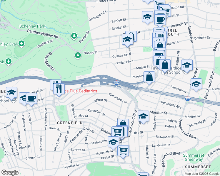 map of restaurants, bars, coffee shops, grocery stores, and more near 3809 Beechwood Boulevard in Pittsburgh