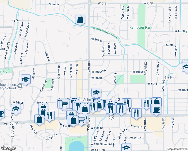 map of restaurants, bars, coffee shops, grocery stores, and more near 3425 West 6th Street in Greeley