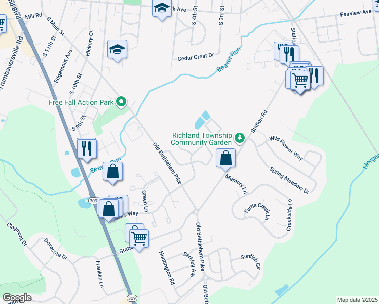 map of restaurants, bars, coffee shops, grocery stores, and more near 1125 Liberty Court in Quakertown
