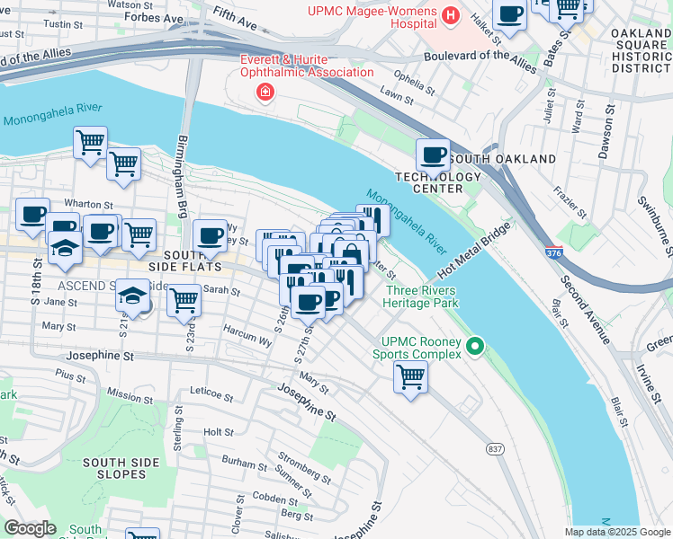 map of restaurants, bars, coffee shops, grocery stores, and more near 2667 Sidney Street in Pittsburgh