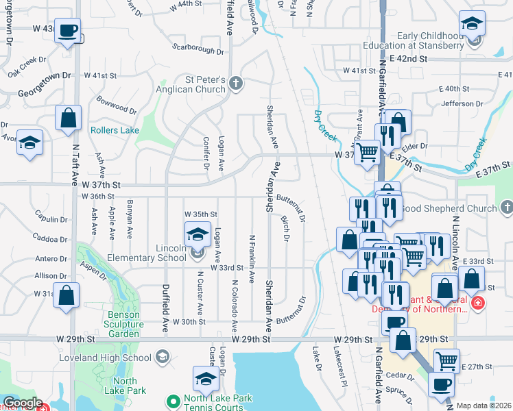 map of restaurants, bars, coffee shops, grocery stores, and more near 3514 North Franklin Avenue in Loveland