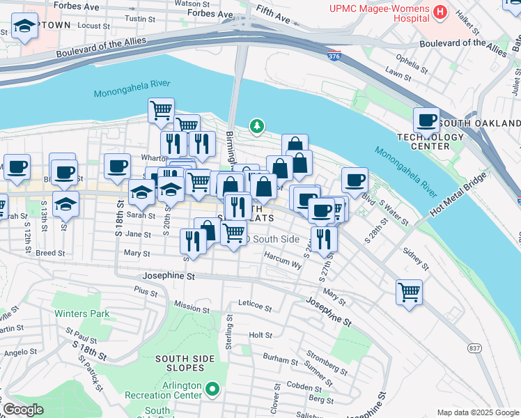 map of restaurants, bars, coffee shops, grocery stores, and more near 2322 East Carson Street in Pittsburgh