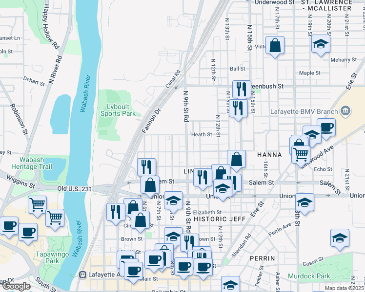 map of restaurants, bars, coffee shops, grocery stores, and more near 1100 N 9th St in Lafayette