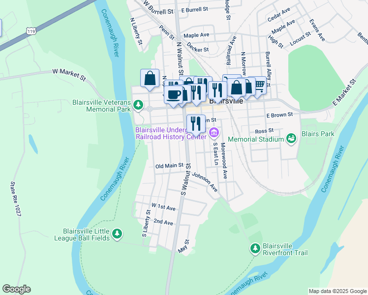 map of restaurants, bars, coffee shops, grocery stores, and more near 228 South Walnut Street in Blairsville