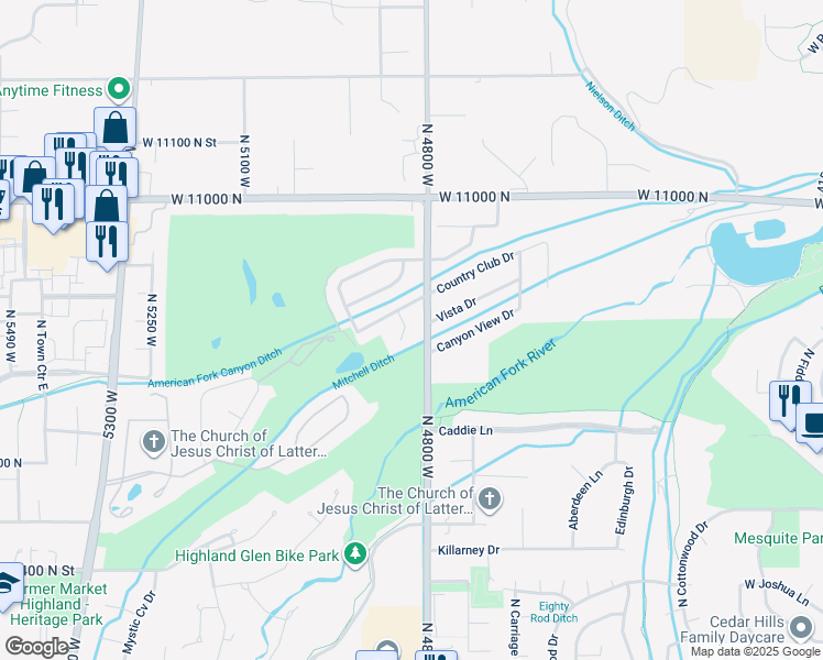 map of restaurants, bars, coffee shops, grocery stores, and more near 10886 Highland Circle in Highland