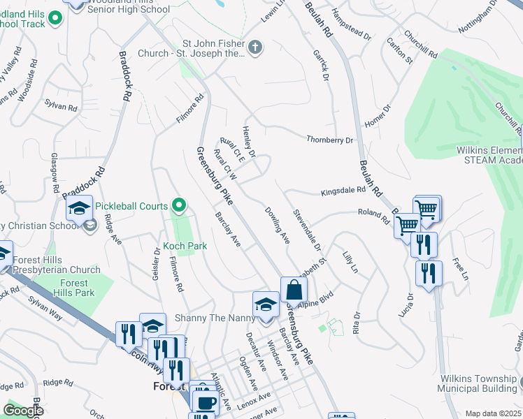 map of restaurants, bars, coffee shops, grocery stores, and more near 3914 Dowling Avenue in Pittsburgh