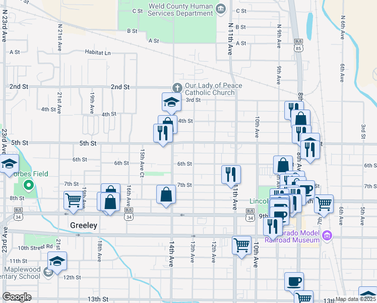 map of restaurants, bars, coffee shops, grocery stores, and more near 515 13th Avenue in Greeley