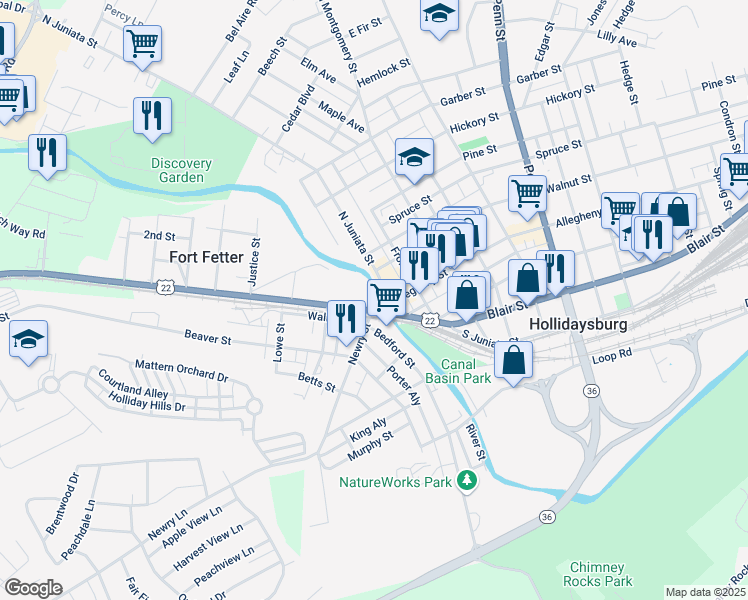 map of restaurants, bars, coffee shops, grocery stores, and more near 101 Broad Street in Hollidaysburg
