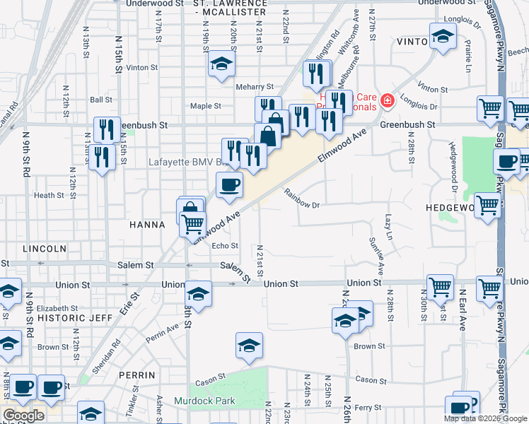 map of restaurants, bars, coffee shops, grocery stores, and more near 1033 North 21st Street in Lafayette