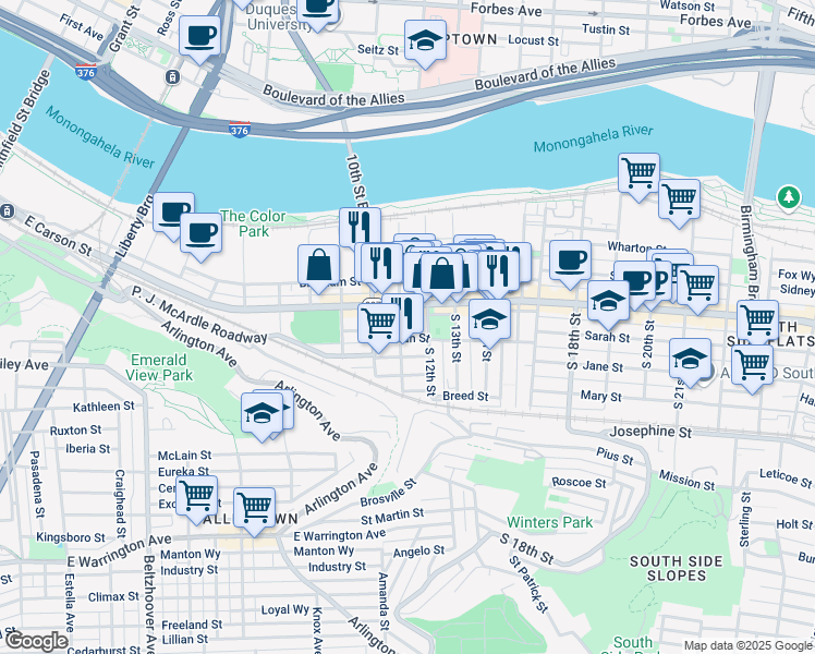 map of restaurants, bars, coffee shops, grocery stores, and more near 86 South 11th Street in Pittsburgh