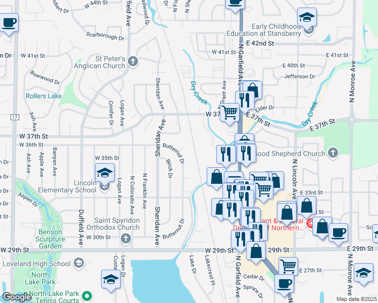 map of restaurants, bars, coffee shops, grocery stores, and more near 3526 Butternut Drive in Loveland