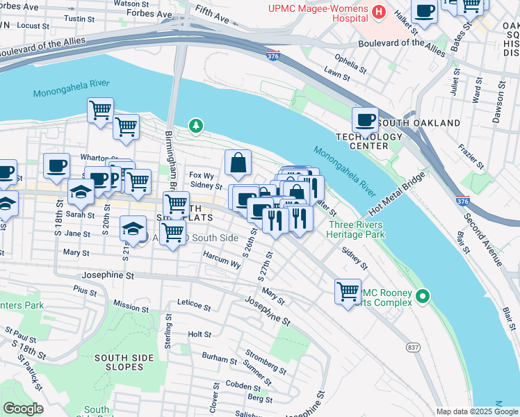 map of restaurants, bars, coffee shops, grocery stores, and more near 52A South 26th Street in Pittsburgh