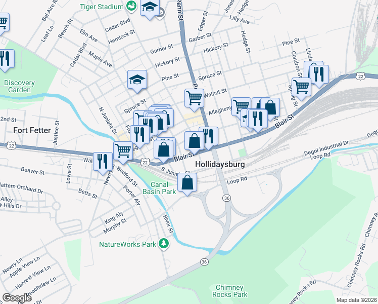 map of restaurants, bars, coffee shops, grocery stores, and more near 401-23 Blair Street in Hollidaysburg