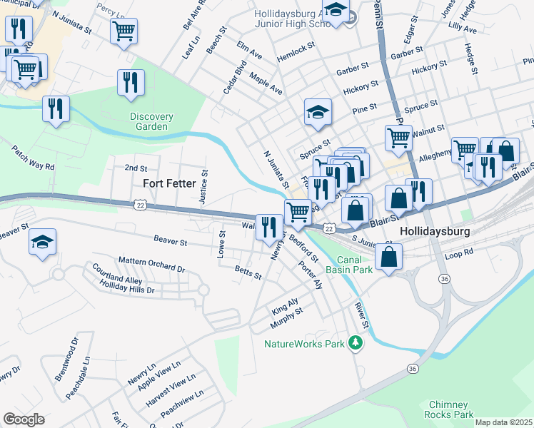 map of restaurants, bars, coffee shops, grocery stores, and more near 123-24 Broad Street in Hollidaysburg