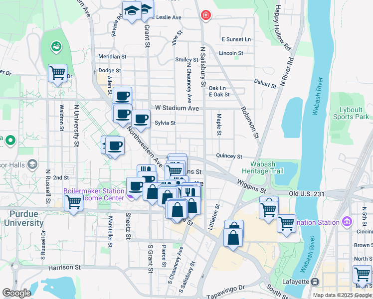 map of restaurants, bars, coffee shops, grocery stores, and more near 415 North Chauncey Avenue in West Lafayette