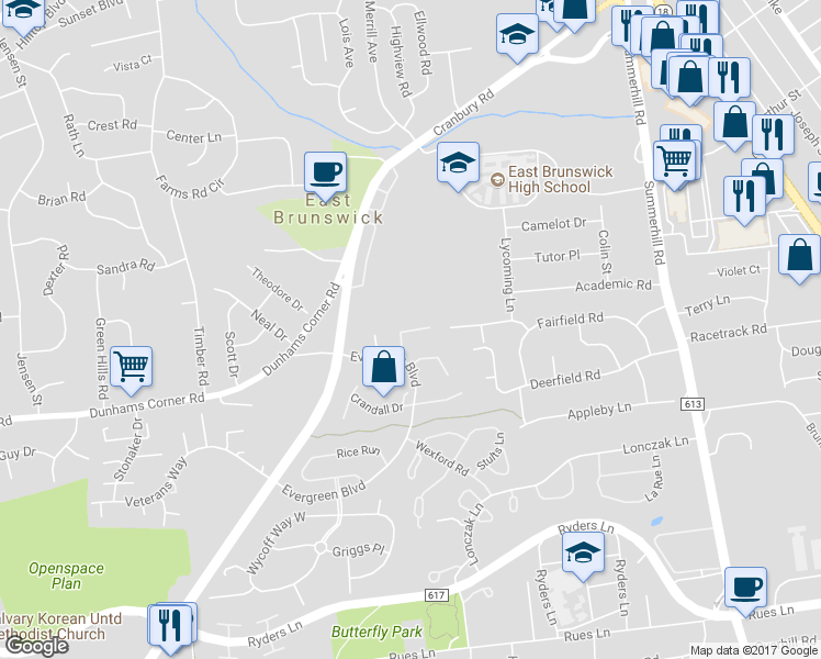 map of restaurants, bars, coffee shops, grocery stores, and more near 30 Van Pelt Court in East Brunswick