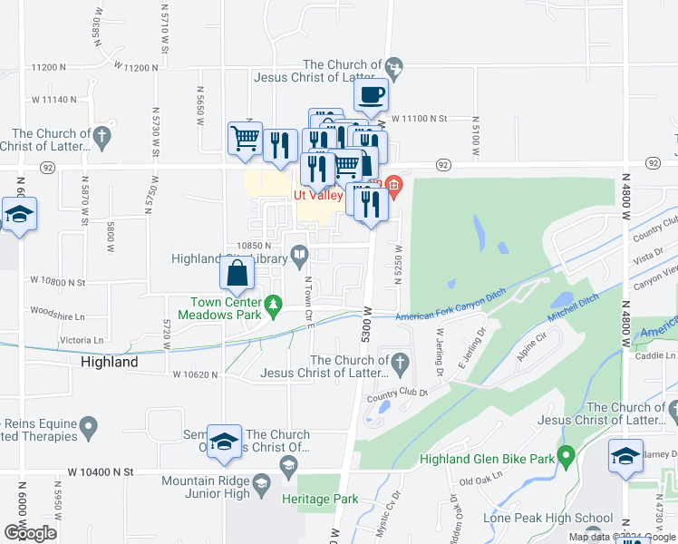 map of restaurants, bars, coffee shops, grocery stores, and more near 10783 North 5320 West in Highland