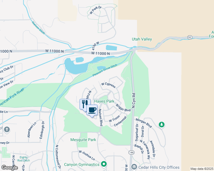 map of restaurants, bars, coffee shops, grocery stores, and more near 4067 Cypress in Cedar Hills