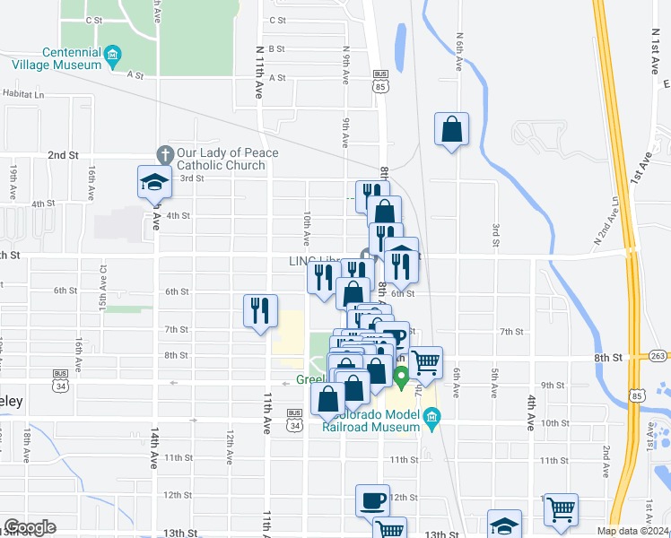 map of restaurants, bars, coffee shops, grocery stores, and more near 505 9th Avenue in Greeley