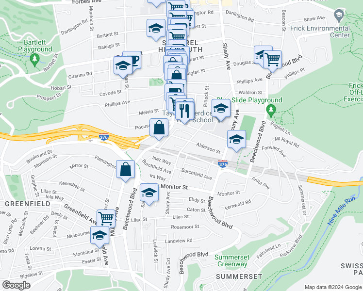 map of restaurants, bars, coffee shops, grocery stores, and more near 2720 Shady Avenue in Pittsburgh