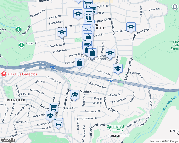 map of restaurants, bars, coffee shops, grocery stores, and more near 2720 Shady Avenue in Pittsburgh