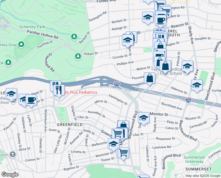 map of restaurants, bars, coffee shops, grocery stores, and more near 3809 Beechwood Boulevard in Pittsburgh