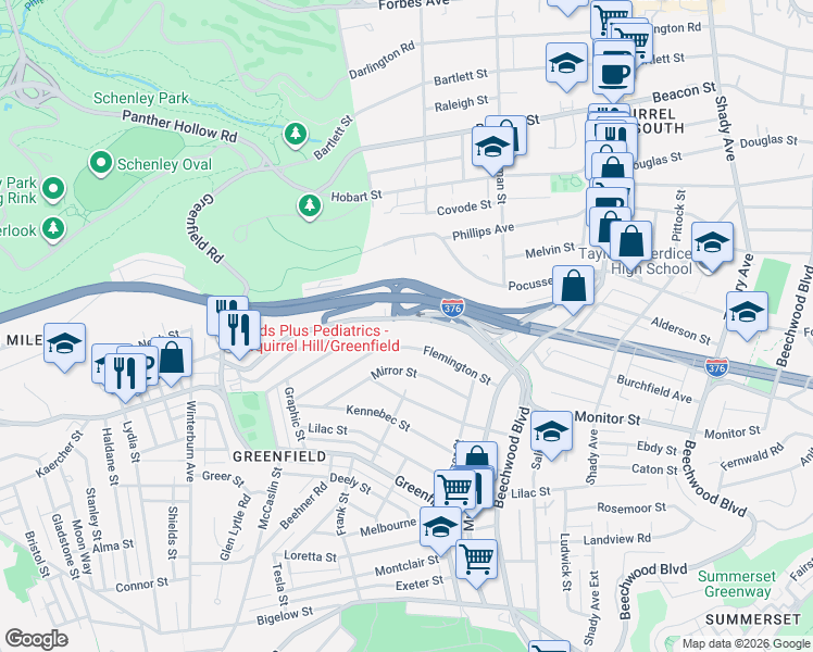 map of restaurants, bars, coffee shops, grocery stores, and more near 3857 Beechwood Boulevard in Pittsburgh