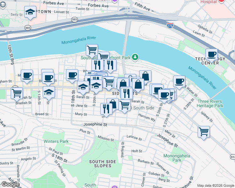 map of restaurants, bars, coffee shops, grocery stores, and more near in Pittsburgh