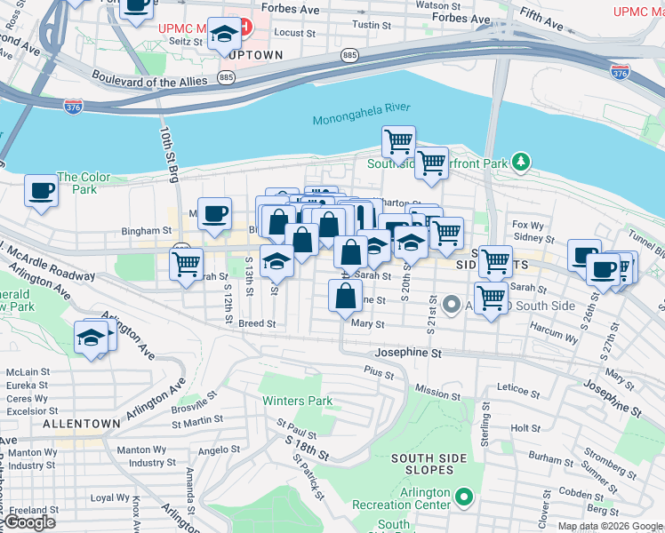 map of restaurants, bars, coffee shops, grocery stores, and more near 1715 Sarah Street in Pittsburgh