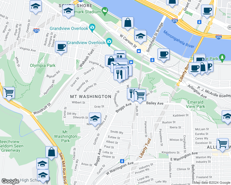 map of restaurants, bars, coffee shops, grocery stores, and more near 65 Southern Avenue in Pittsburgh