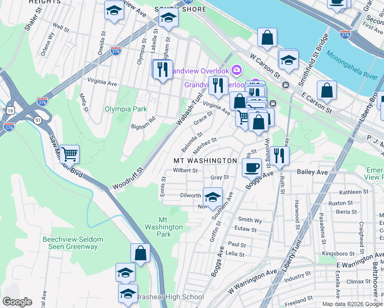 map of restaurants, bars, coffee shops, grocery stores, and more near 432 Natchez Street in Pittsburgh
