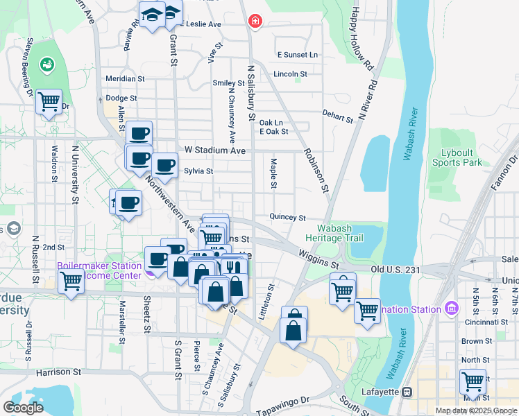 map of restaurants, bars, coffee shops, grocery stores, and more near 404 North Salisbury Street in West Lafayette