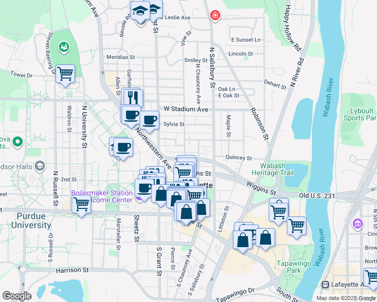 map of restaurants, bars, coffee shops, grocery stores, and more near 300 West Fowler Avenue in West Lafayette