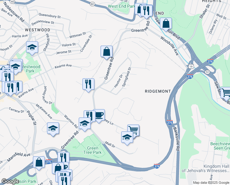 map of restaurants, bars, coffee shops, grocery stores, and more near 215 Hamburg Street in Pittsburgh