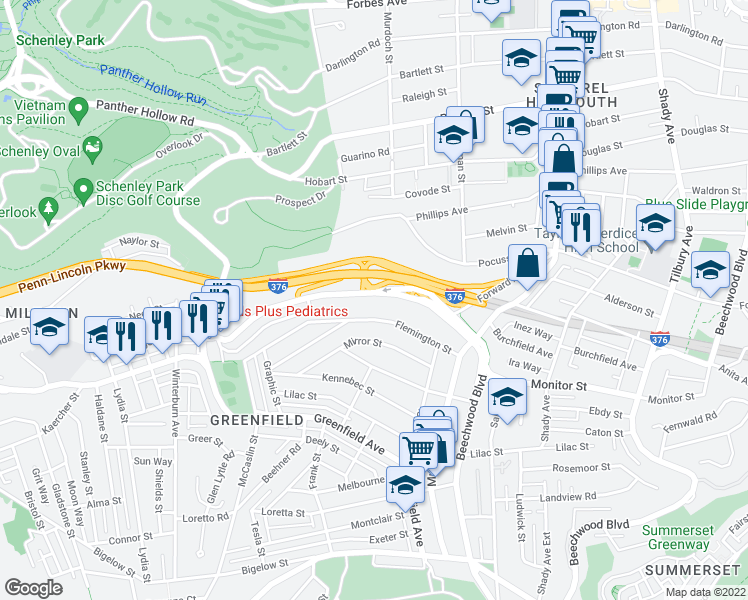 map of restaurants, bars, coffee shops, grocery stores, and more near 3837 Beechwood Boulevard in Pittsburgh