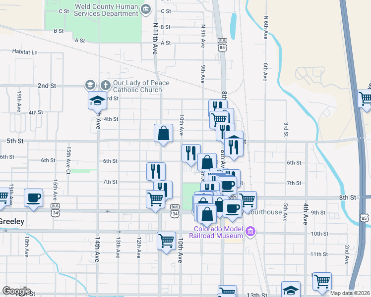 map of restaurants, bars, coffee shops, grocery stores, and more near 520 10th Avenue in Greeley