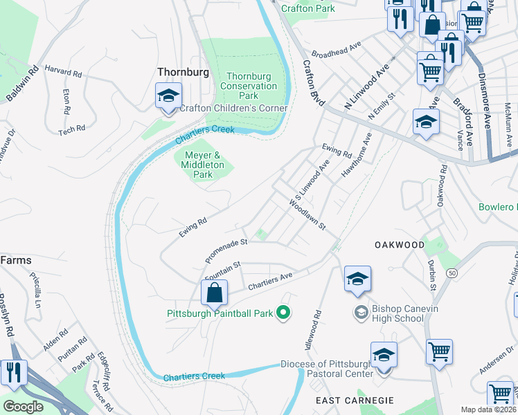map of restaurants, bars, coffee shops, grocery stores, and more near 140 South Grandview Avenue in Crafton