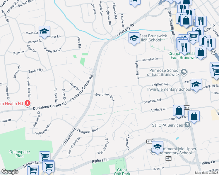 map of restaurants, bars, coffee shops, grocery stores, and more near 29 Van Pelt Court in East Brunswick