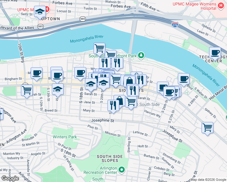 map of restaurants, bars, coffee shops, grocery stores, and more near 2135 Carey Way in Pittsburgh