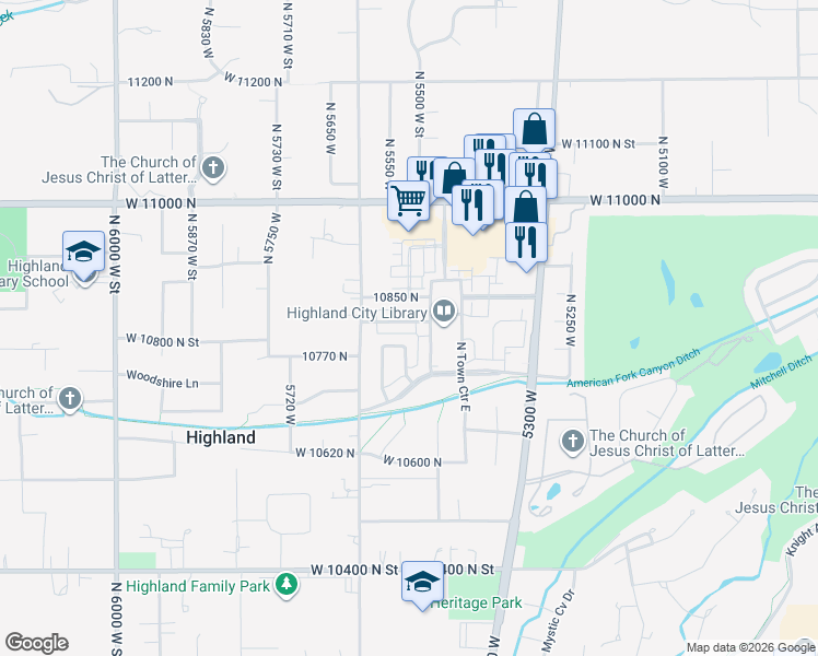map of restaurants, bars, coffee shops, grocery stores, and more near 5519 Coventry Road in Highland