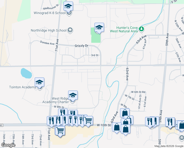 map of restaurants, bars, coffee shops, grocery stores, and more near 6607 4th Street Road in Greeley