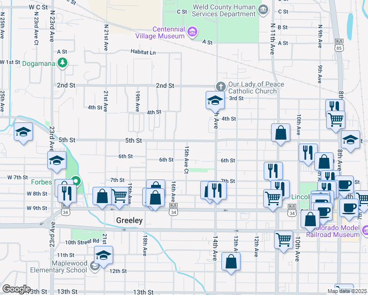 map of restaurants, bars, coffee shops, grocery stores, and more near 509 15th Avenue Court in Greeley