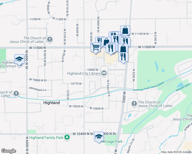 map of restaurants, bars, coffee shops, grocery stores, and more near 5519 Coventry Road in Highland