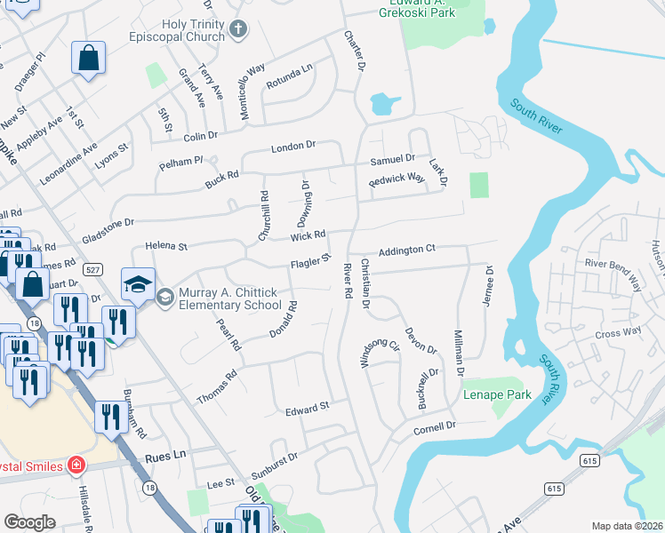 map of restaurants, bars, coffee shops, grocery stores, and more near 61 Flagler Street in East Brunswick