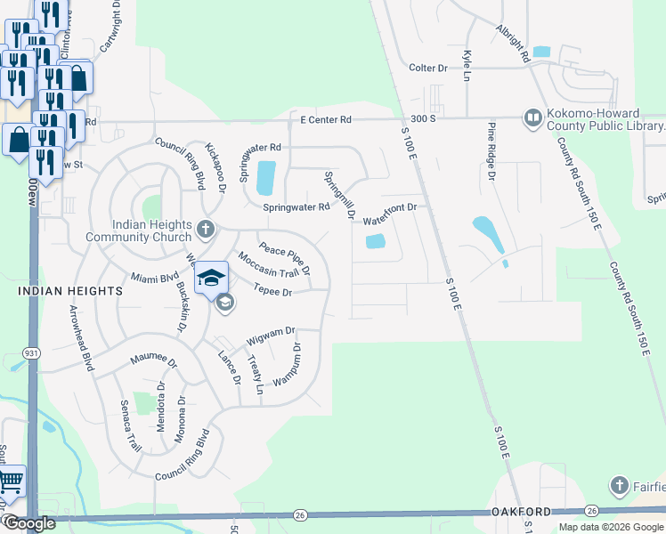 map of restaurants, bars, coffee shops, grocery stores, and more near 5312 Council Ring Boulevard in Kokomo