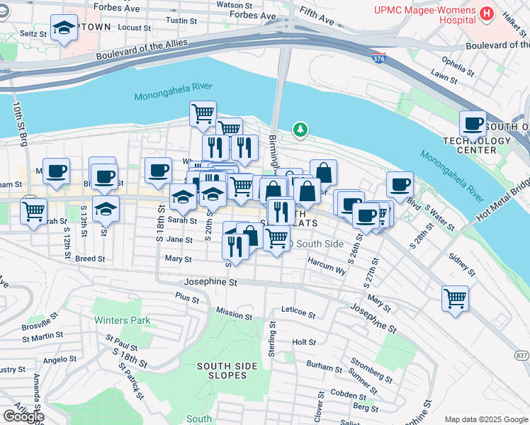 map of restaurants, bars, coffee shops, grocery stores, and more near in Pittsburgh