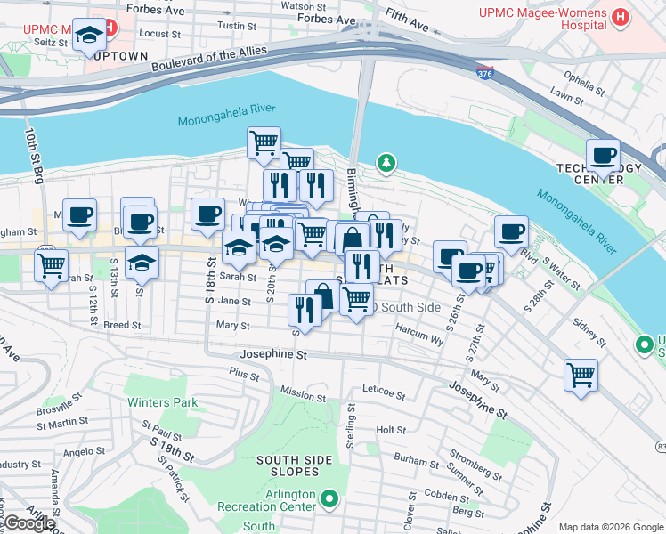map of restaurants, bars, coffee shops, grocery stores, and more near 90 South 22nd Street in Pittsburgh