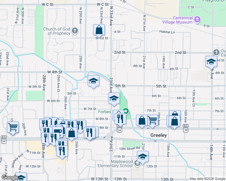 map of restaurants, bars, coffee shops, grocery stores, and more near 506 23rd Avenue in Greeley