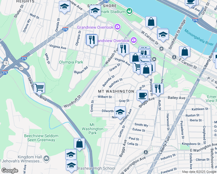 map of restaurants, bars, coffee shops, grocery stores, and more near 426 Natchez Street in Pittsburgh