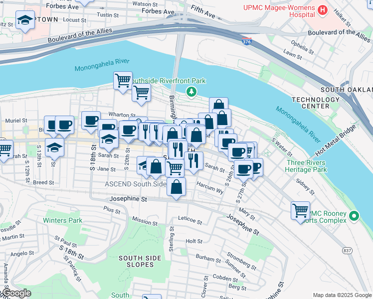map of restaurants, bars, coffee shops, grocery stores, and more near 2310 East Carson Street in Pittsburgh